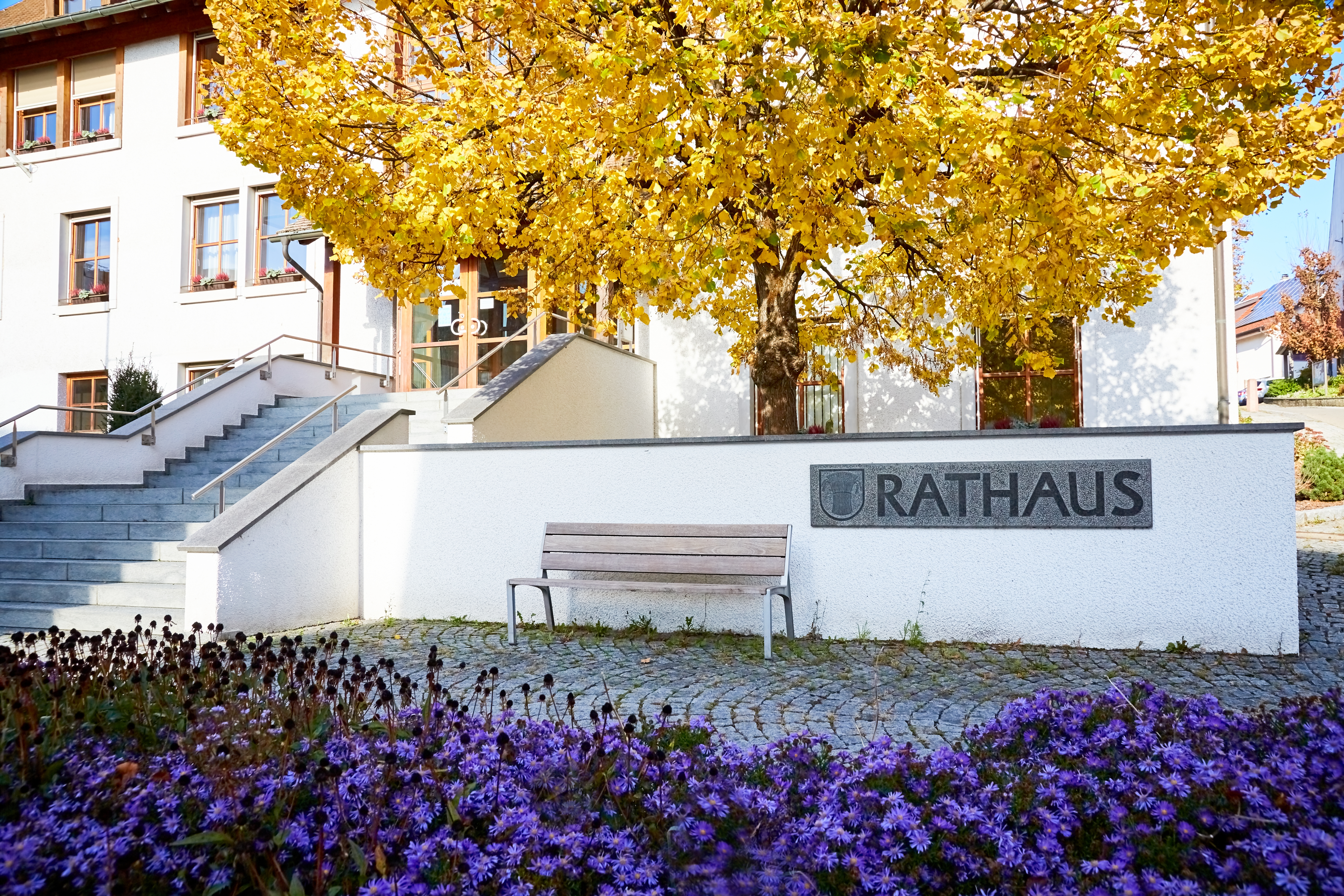 Rathaus Lottstetten Ansicht Rathaus Lottstetten mit Treppenaufgang Baum und Blumen